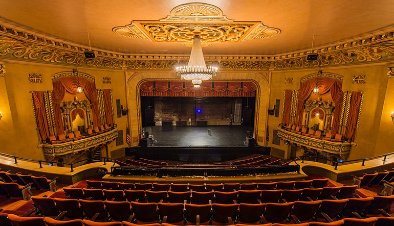 An overlooking view of the inside of the State Theater, Easton, Pa. Visible are the theatre seats and the stage.