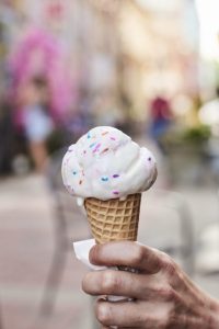 A scoop of ice cream is shown with sprinkles, pictured in Bank Street Alley.